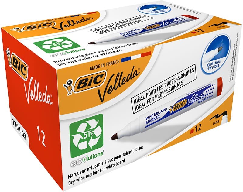 BIC 1701 Niet-permanent Whiteboard-marker Rood Breed Ronde punt - 51% Gerecycled 12 Stuks
