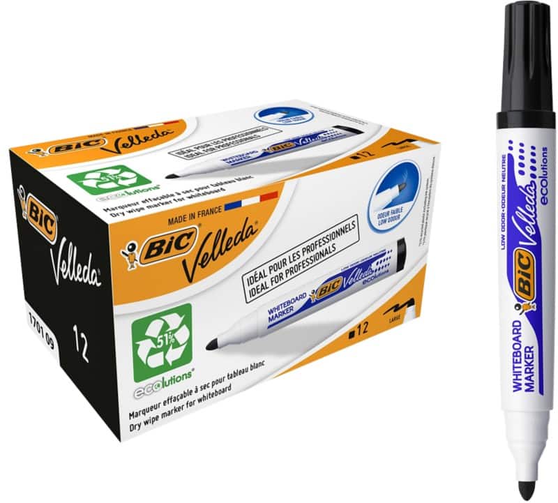 BIC Velleda 1701 Niet-permanent Whiteboard-marker Zwart Breed Ronde punt - 51% Gerecycled 12 Stuks