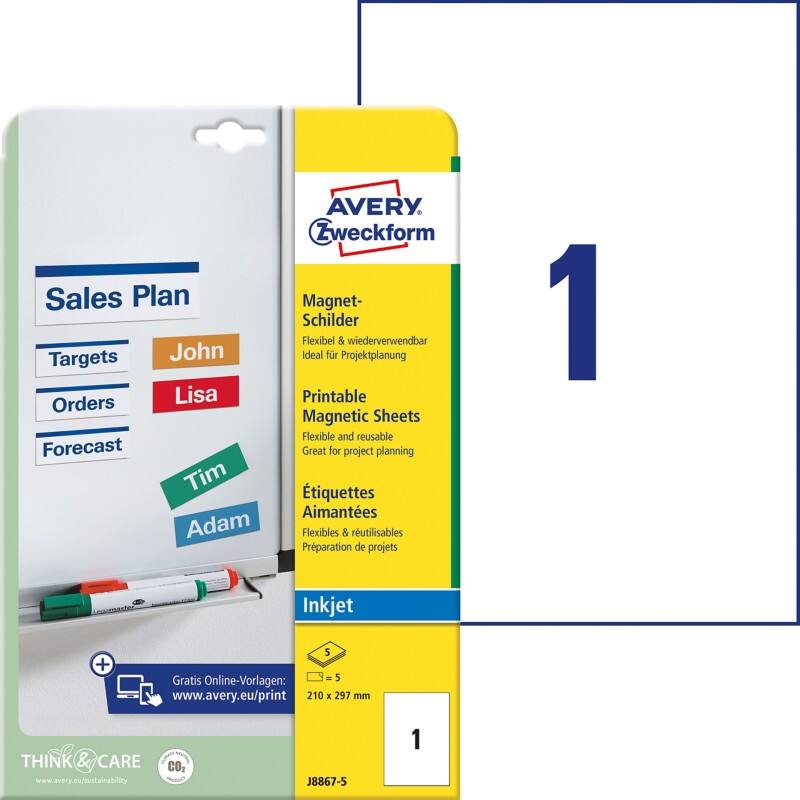 Avery Magneetetiketten J8867-5 A4 Wit 210 x 297 mm 5 Vellen à 1 Etiketten