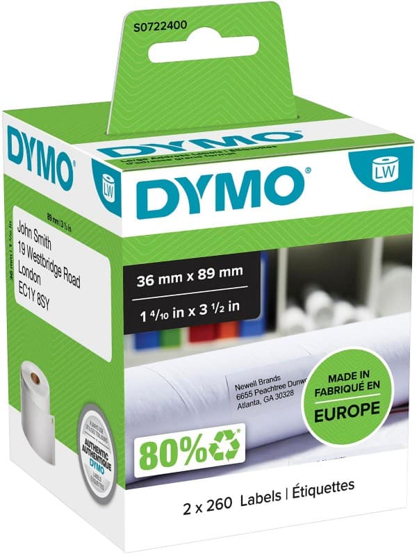 Dymo LW S0722400 / 99012 Authentiek Grote Adresetiketten Zelfklevend Wit 36 x 89 mm 2 Rollen à 260 Etiketten