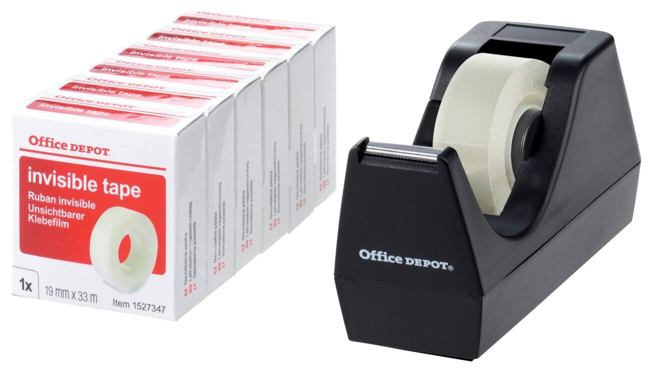 Office Depot Plakband Dispenser + 6 Rollen van onzichtbare Plakband 33m x 19mm Zwart