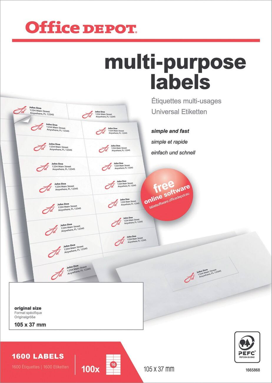 Office Depot Rechte hoeken Multifunctionele etiketten Wit recycled 1600 stuks