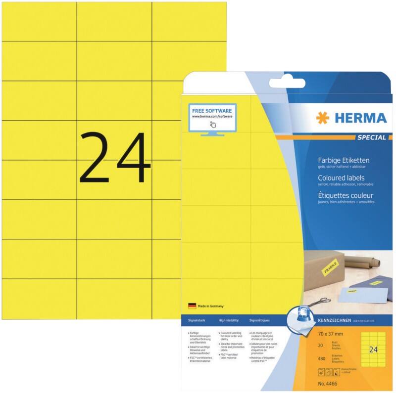HERMA Laser Etiketten 4466 Klevend A4 Geel 70 x 37 mm  20 Vellen à 24 Etiketten