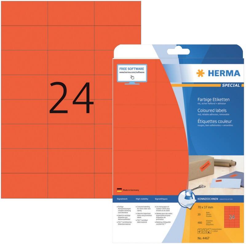 HERMA Laser Etiketten 4467 Klevend A4 Rood 70 x 37 mm  20 Vellen à 24 Etiketten