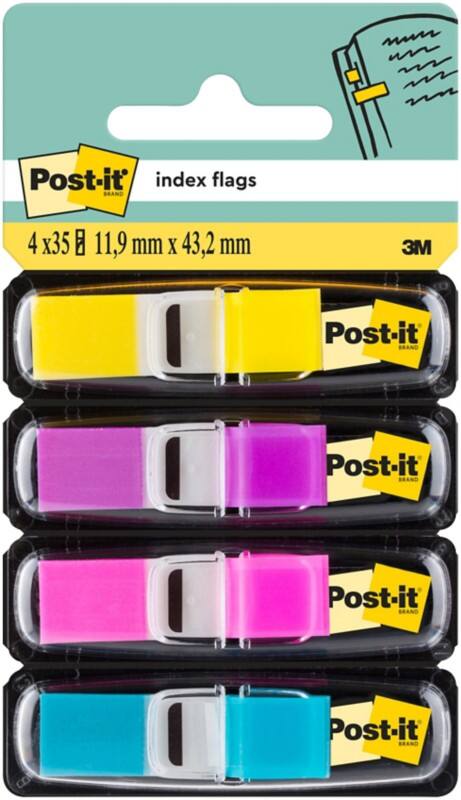 Post-it Indexen Rechthoekig 1,19 x 4,32 cm Kleurenassortiment Mini-Spender 4 Stuks à 35 Strips