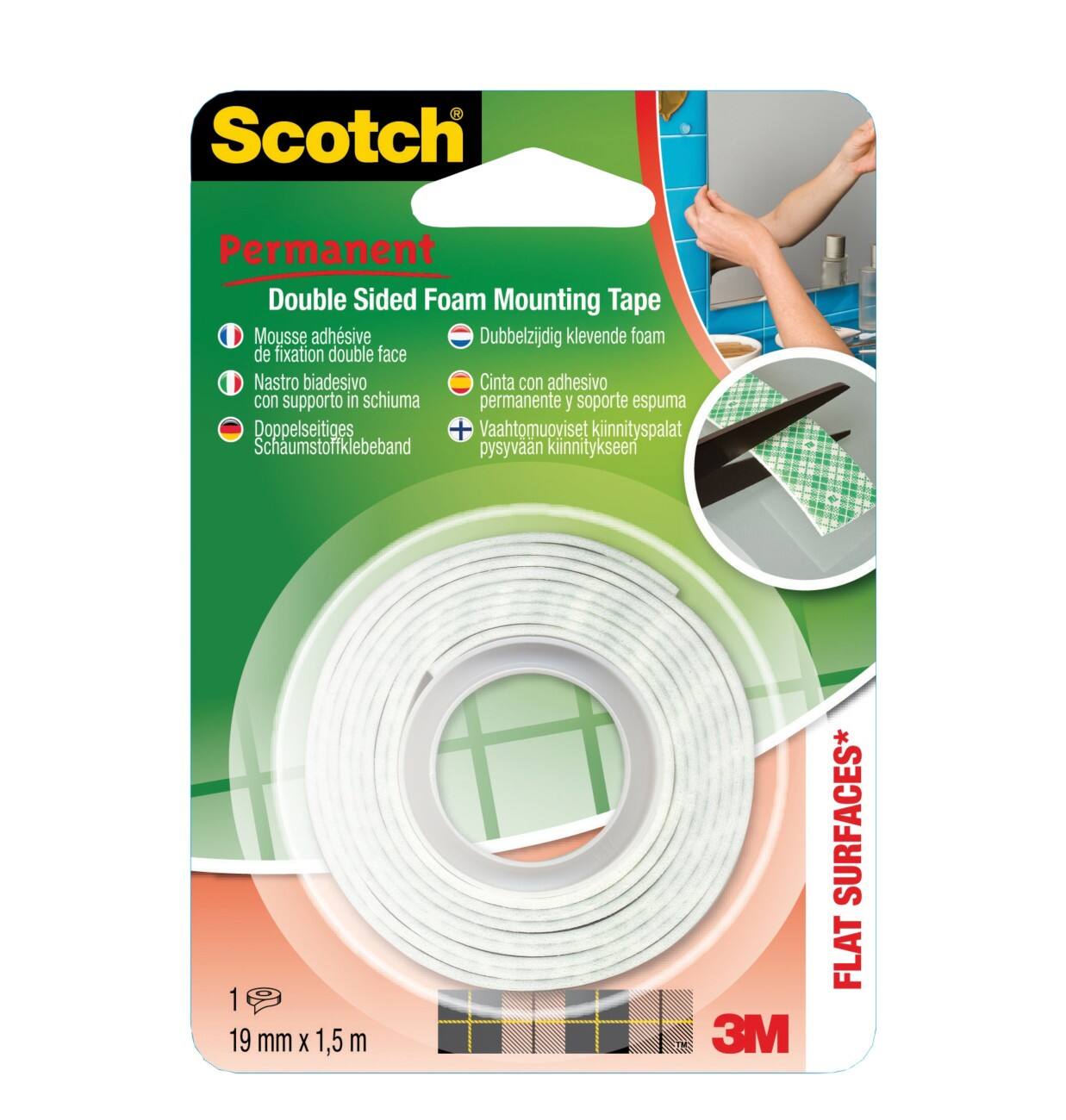 Scotch Permanente Dubbelzijdige Schuimmontage Tape Plakband 19 mm x 1,5m Wit