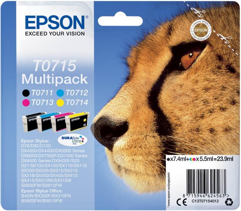 Epson T0715 Origineel Inktcartridge C13T07154012 Zwart, cyaan, magenta, geel Multipack 4 Stuks