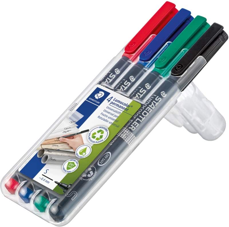 STAEDTLER Lumocolor 313 Overheadmarker 97% Gerecycled Extra Fijn Ronde punt 0,4 mm Kleurenassortiment Navulbaar 4 Stuks
