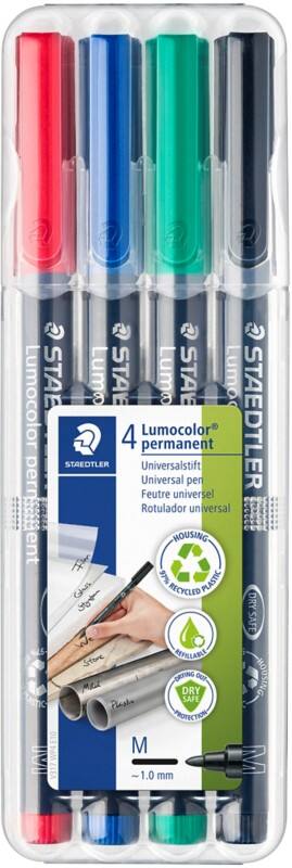 STAEDTLER Lumocolor 317 Overheadmarker 97% Gerecycled Medium Ronde punt 1 mm Kleurenassortiment Navulbaar 4 Stuks