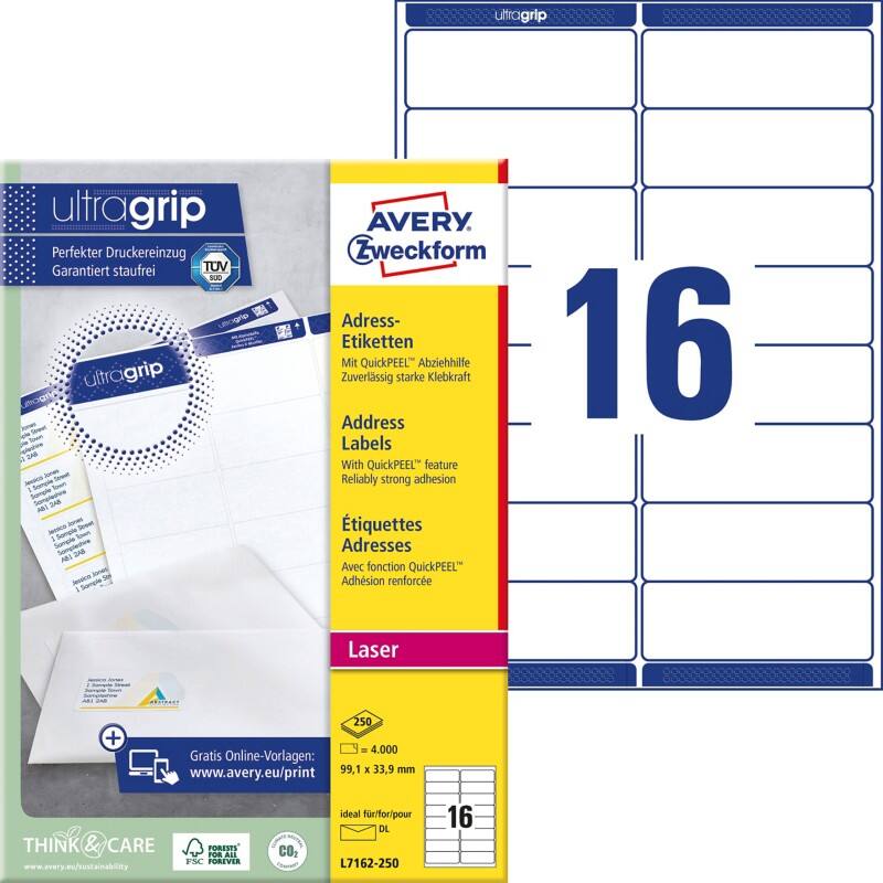 Avery Ultragrip Adresetiketten L7162-250 Klevend A4 Wit 99,1 x 33,9 mm 250 Vellen à 16 Etiketten