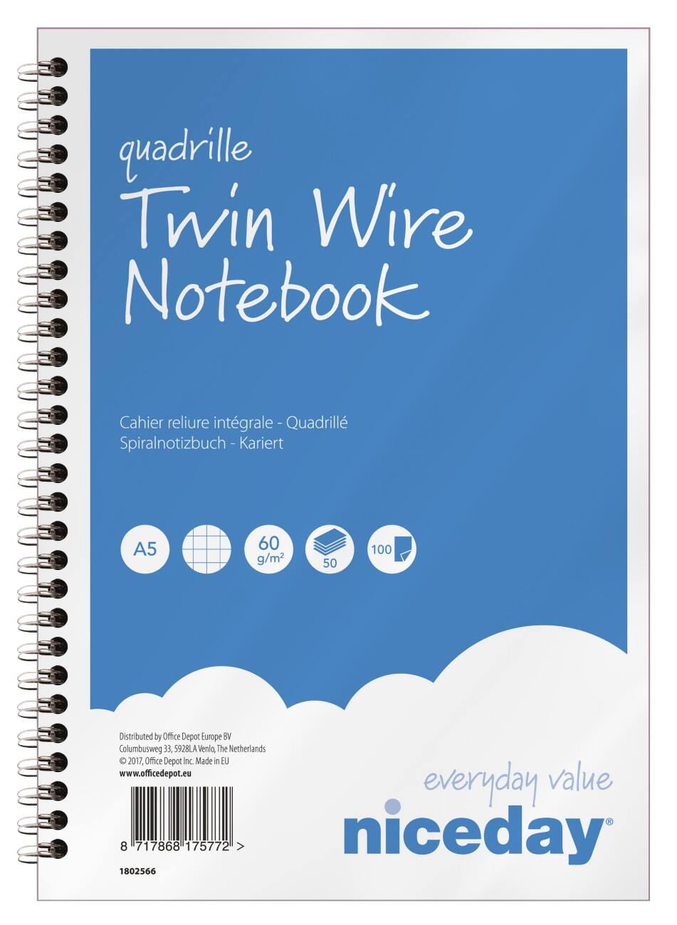 Niceday A5 Spiraalblok Blauw, wit Softcover Geruit 5 stuks à 50 vellen