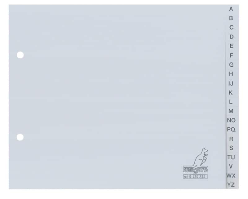 KANGARO A - Z Alfabetische tabbladen  A4 liggend Grijs 20 tabs PP (Polypropeen) 2 Gaten G420AZS