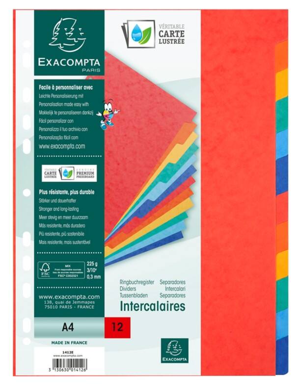 Exacompta Genuine Premium Pressboard Blanco Blanco tabbladen A4 Kleurenassortiment 12 tabs 225 g/m² Mottled Pressboard 18 Gaten 1412E