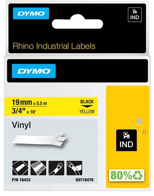 DYMO IND S0718470 Lettertape Vinyl Rhino Zelfklevend Zwart op Geel 19 mm x 5,5 m