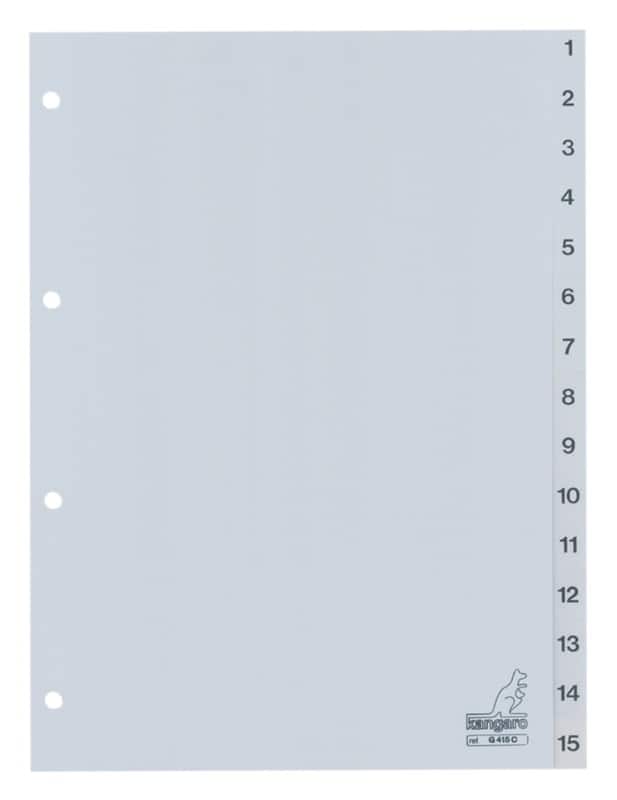 KANGARO 1 tot 15 Numerieke tabbladen A4 Grijs 15 tabs PP (Polypropeen) 4 Gaten G415C