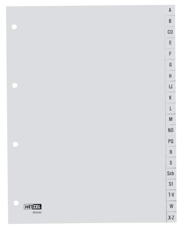 Hetzel Tabbladen G420AZ A4 Grijs 20 tabs 4-gaats Polypropyleen A - Z