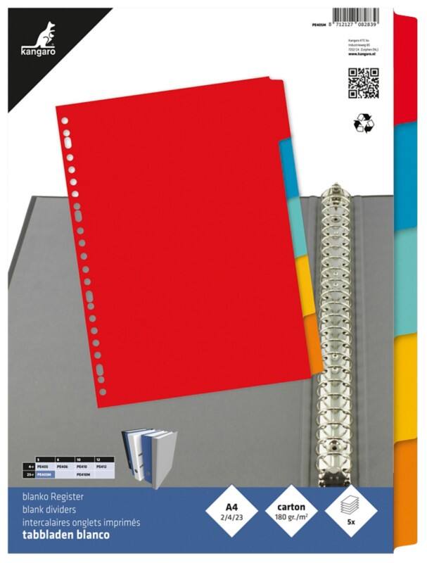 KANGARO Blanco tabbladen A4 Kleurenassortiment 5 tabs 180 g/m² Karton 23 Gaten PE405M