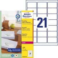 Avery Adresetiketten LR7160-100 Klevend A4 Wit 63,5 x 38,1 mm Recycled 100 Vellen à 21 Etiketten