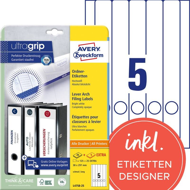 Avery UltraGrip Ordnerrugetiketten L4758-25 Klevend A4 Wit 3,8 x 29,7 cm 30 Vellen à 5 Etiketten
