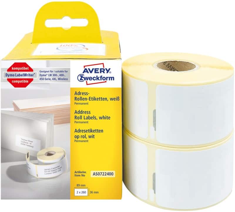 Avery Adresetiket AS0722400 AS0722400 Klevend 36 x 89 mm 2 Rollen à 260 Etiketten