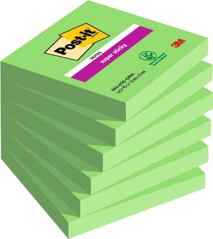 Post-it Super Sticky Notes 76 x 76 mm Groen Vierkant Blanco 6 blokken à 90 Vellen