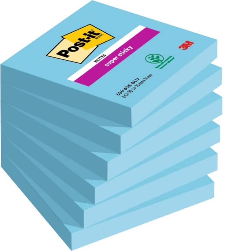 Post-it Super Sticky Notes 76 x 76 mm Blauw Vierkant Blanco 6 blokken à 90 Vellen
