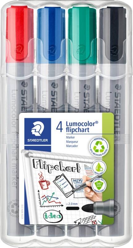 STAEDTLER Lumocolor 356 Flipovermarker Medium Ronde punt - Kleurenassortiment Navulbaar 4 Stuks