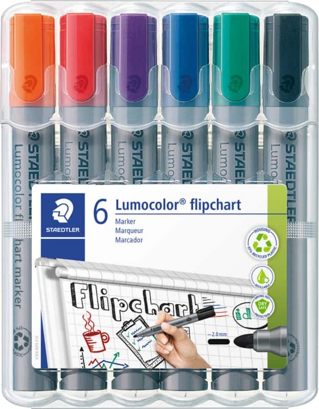 STAEDTLER Lumocolor 356 Flipovermarker Medium Ronde punt - Kleurenassortiment Navulbaar 6 Stuks