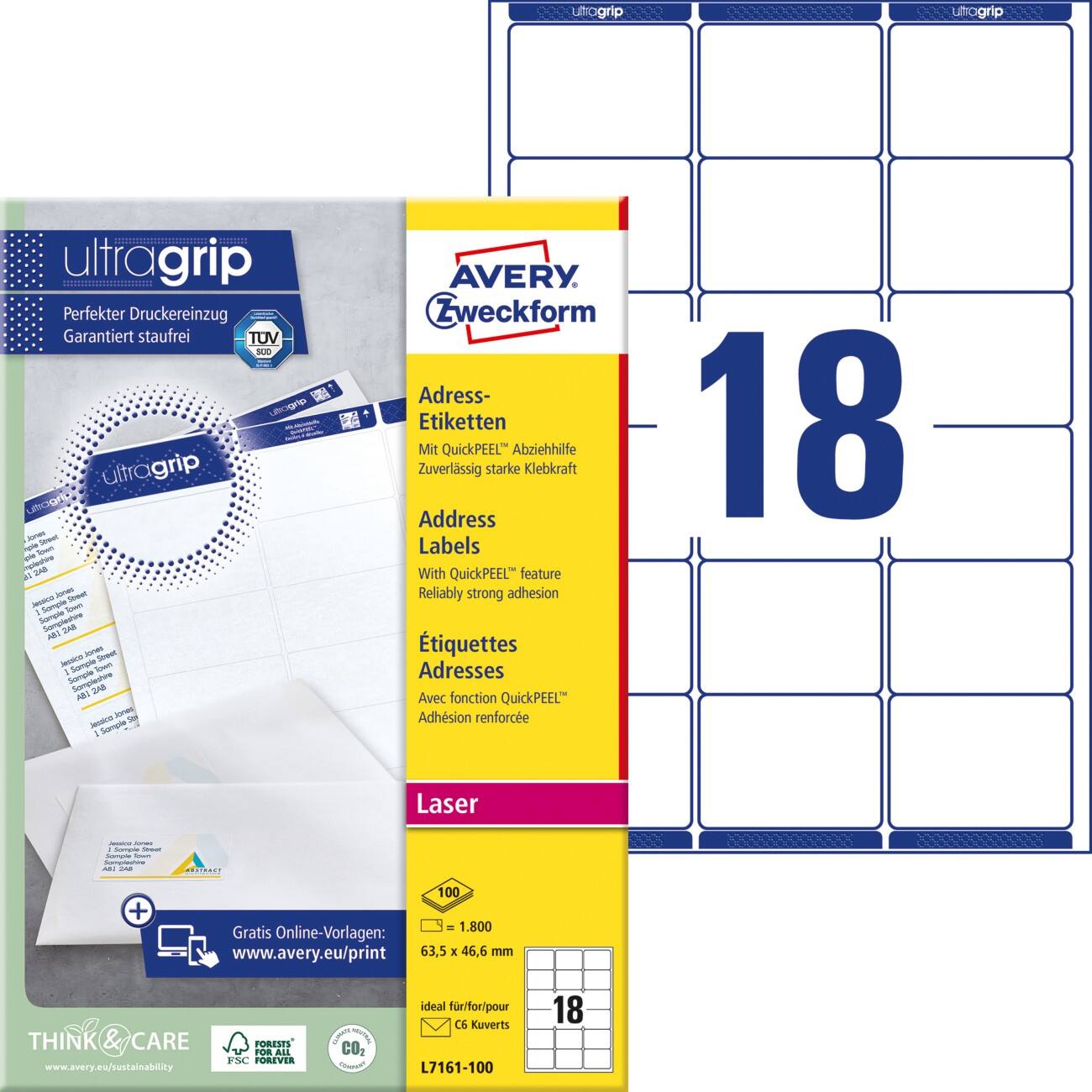 AVERY Zweckform UltraGrip Adresetiketten L7161-100 Klevend A4 Wit 6,35 x 4,66 cm 100 Vellen à 18 Etiketten