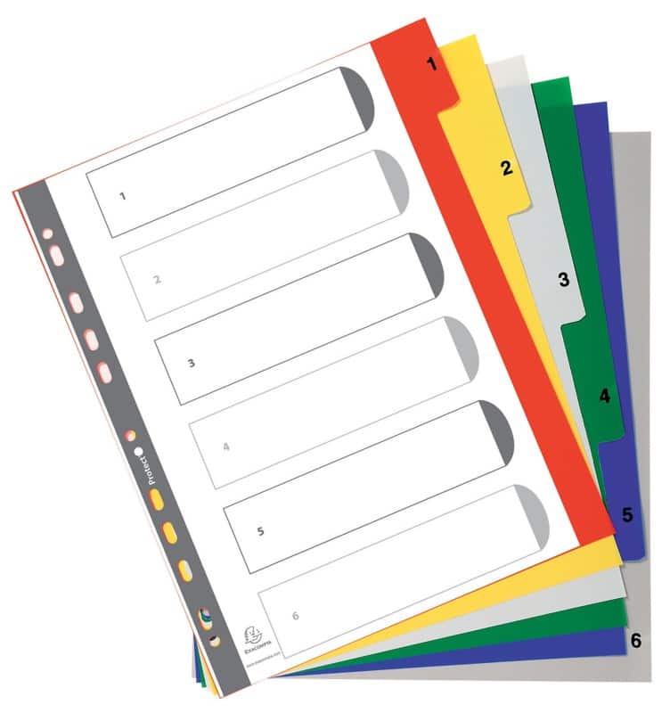 Exacompta 1 tot 6 Numerieke tabbladen A4+ Kleurenassortiment 6 tabs PP (Polypropeen) 11 Gaten 2506E
