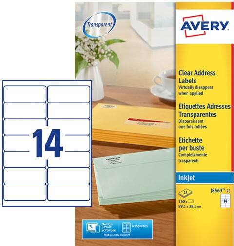 Avery Adresetiketten J8563-25 Klevend A4 Transparant 99,1 x 38,1 mm 25 Vellen à 14 Etiketten