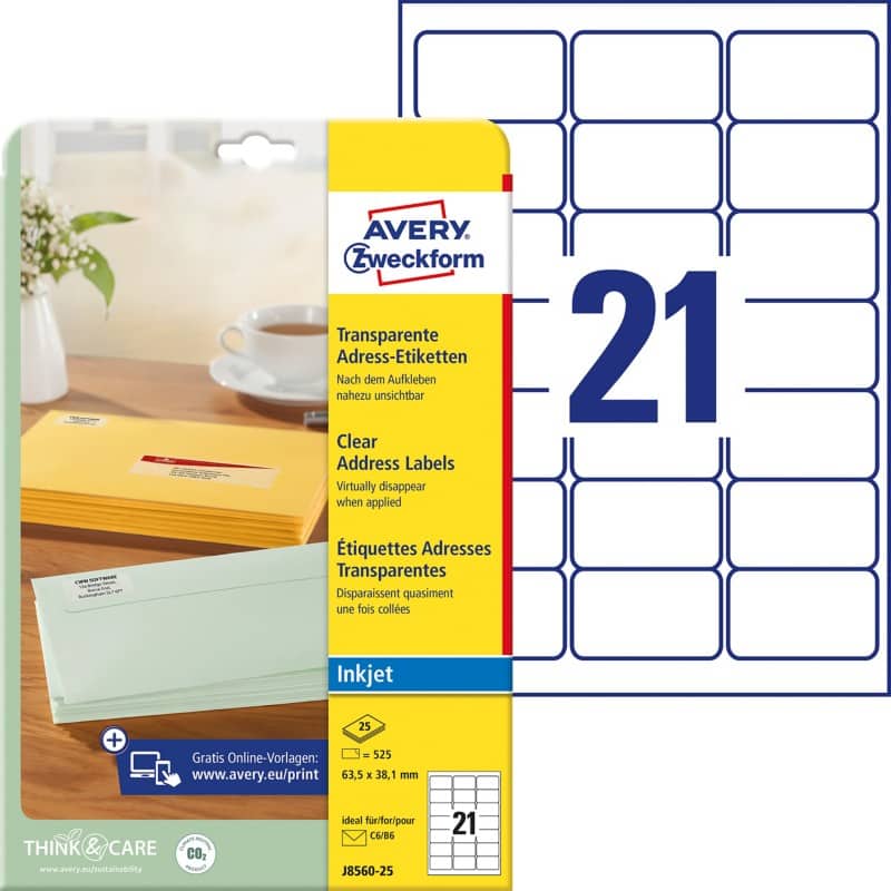 Avery Multifunctionele etiketten J8560-25 Klevend A4 Transparant 63,5 x 38,1 mm 25 Vellen à 21 Etiketten