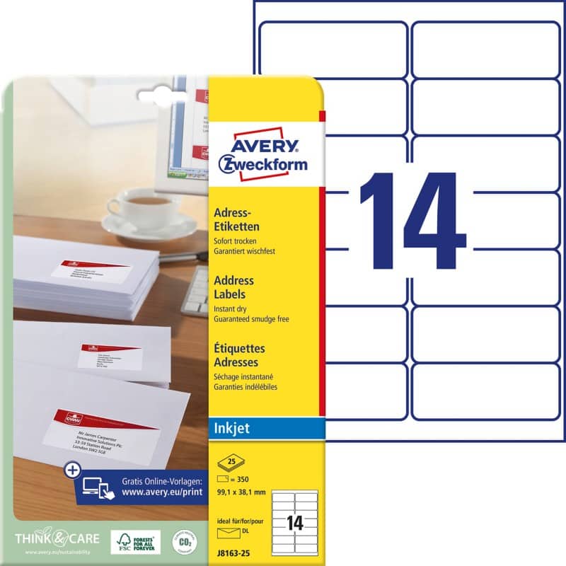 Avery Adresetiketten J8163-25 Klevend A4 Wit 99,1 x 38,1 mm 25 Vellen à 14 Etiketten