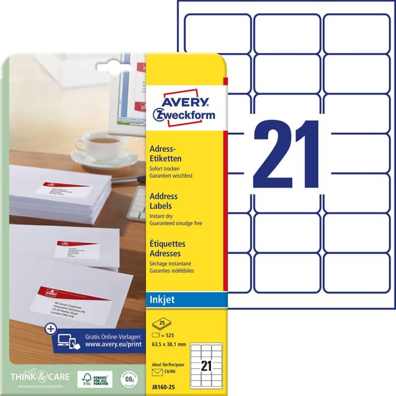 Avery Inkjet Adresetiketten J8160-25 Klevend A4 Wit 63,5 x 38,1 mm 25 Vellen à 21 Etiketten