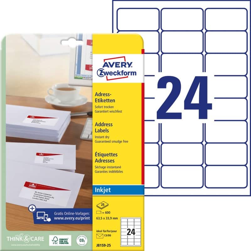 Avery Adresetiketten J8159-25 Klevend A4 Wit 63,5 x 33,9 mm 25 Vellen à 24 Etiketten