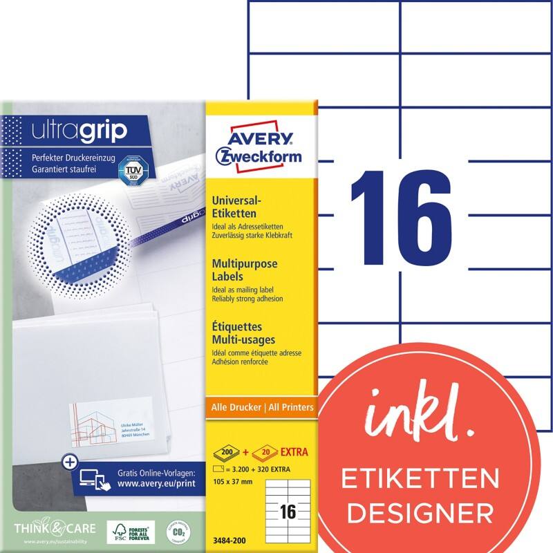 Avery Ultragrip Etiketten 3484-200 Klevend A4 Wit 105 x 37 mm 220 Vellen à 16 Etiketten