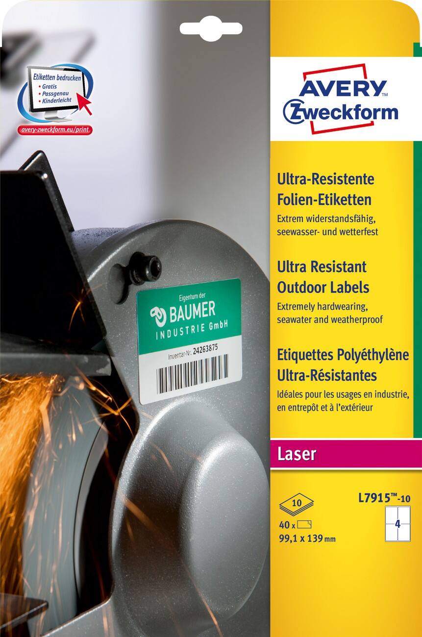 AVERY Zweckform Ultra Resistent Buiten Etiketten L7915-10 Wit A4 99,1 x 139 mm 10 Vellen à 4 Etiketten