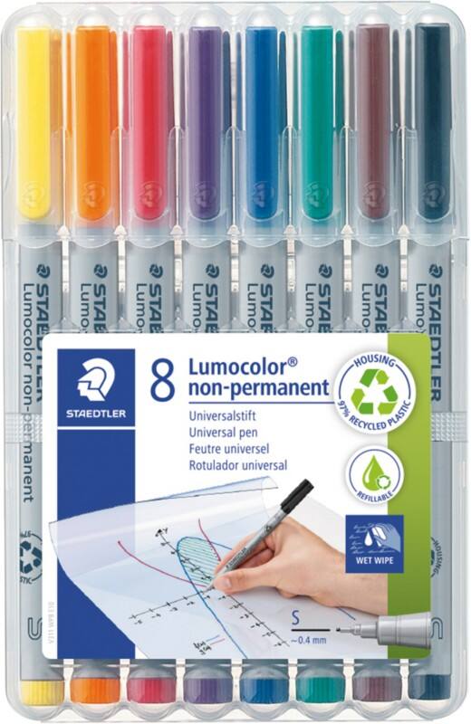 STAEDTLER Overheadmarker 97% Gerecycled Extra Fijn Viltstift 0,4 mm Kleurenassortiment Navulbaar 8 Stuks