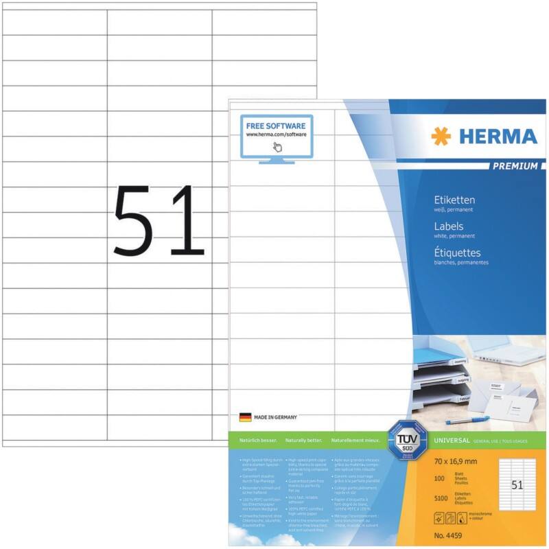 HERMA Etiketten 4459 Klevend A4 Wit 70 x 16,9 mm  100 Vellen à 51 Etiketten