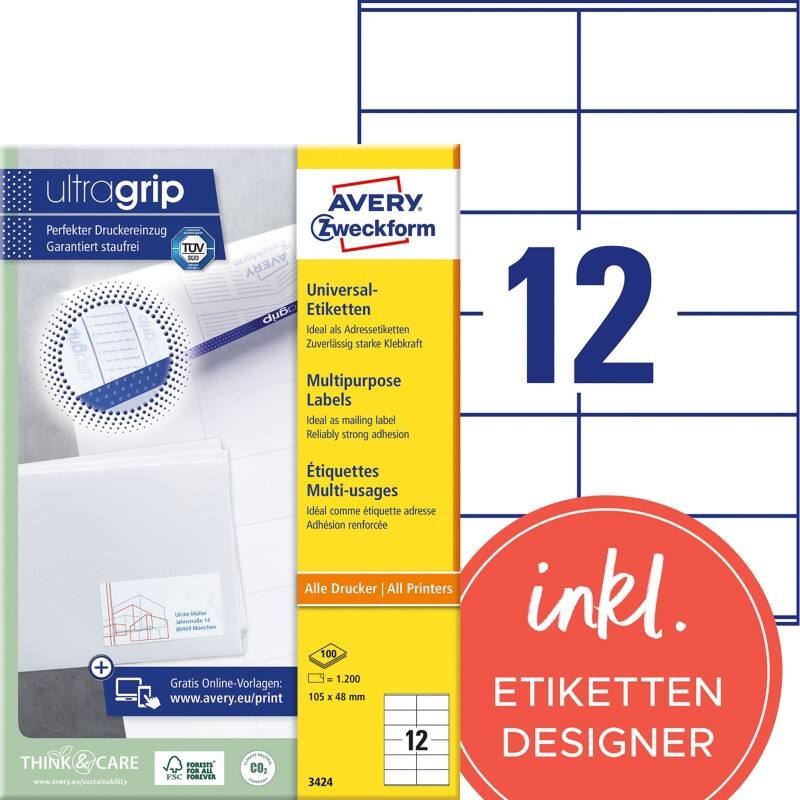 Avery UltraGrip Universele etiketten 3424 Klevend A4 Wit 105 x 48 mm 100 Vellen à 12 Etiketten