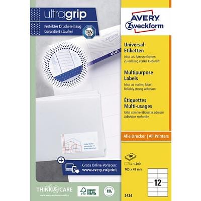AVERY Zweckform Multifunctionele Etiketten 3424 Ultragrip Wit A4 105 x 48 mm 100 Vellen à 12 Etiketten
