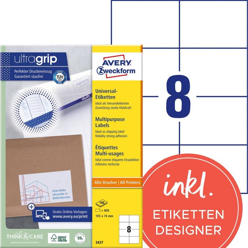 Avery UltraGrip Multifunctionele etiketten 3427 Klevend A4 Wit 105 x 74 mm 100 Vellen à 8 Etiketten
