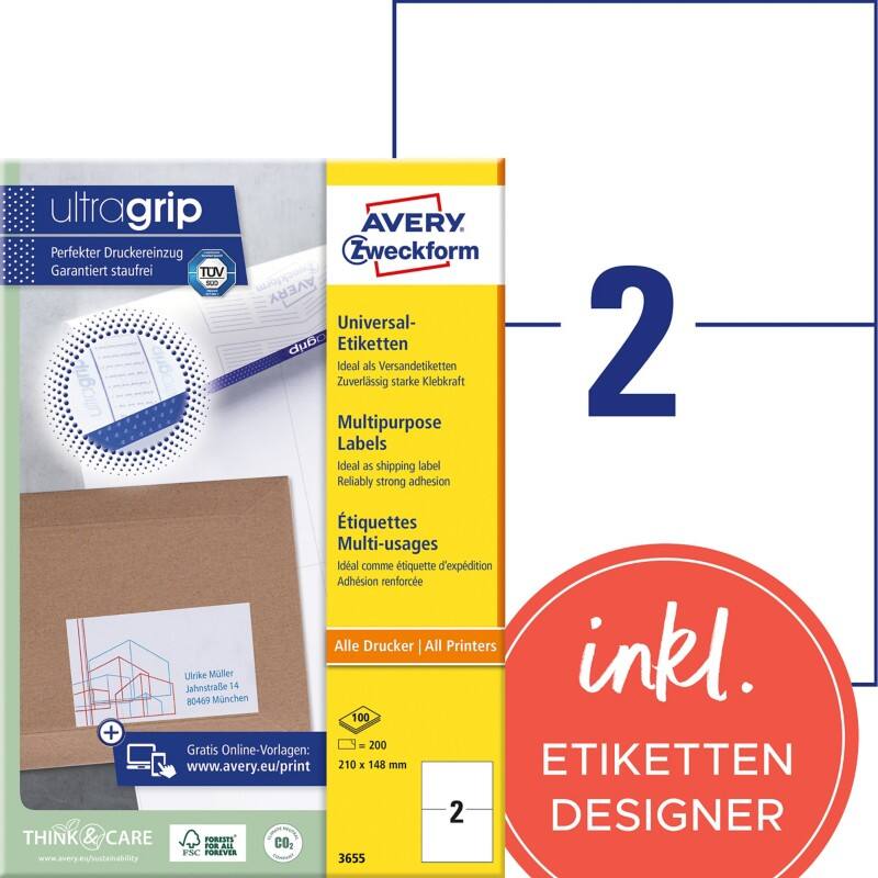 Avery UltraGrip Etiketten 3655 Klevend A4 Wit 210 x 148 mm 100 Vellen à 2 Etiketten