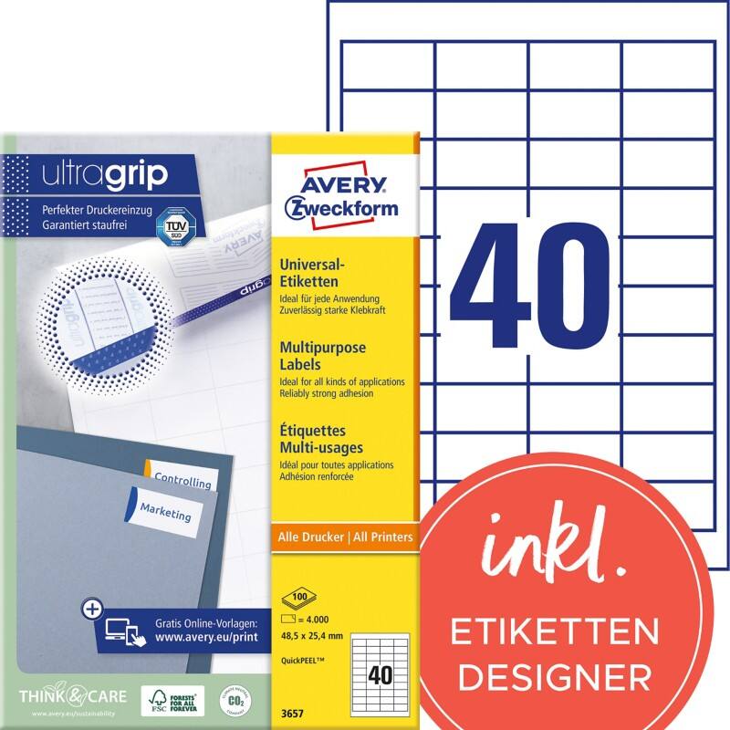 Avery UltraGrip Multifunctionele etiketten 3657 Klevend A4 Wit 48,5 x 25,4 mm 100 Vellen à 40 Etiketten