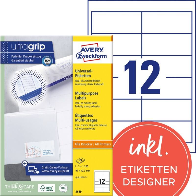 Avery UltraGrip Multifunctionele etiketten 3659 Klevend A4 Wit 97 x 42,3 mm 100 Vellen à 12 Etiketten
