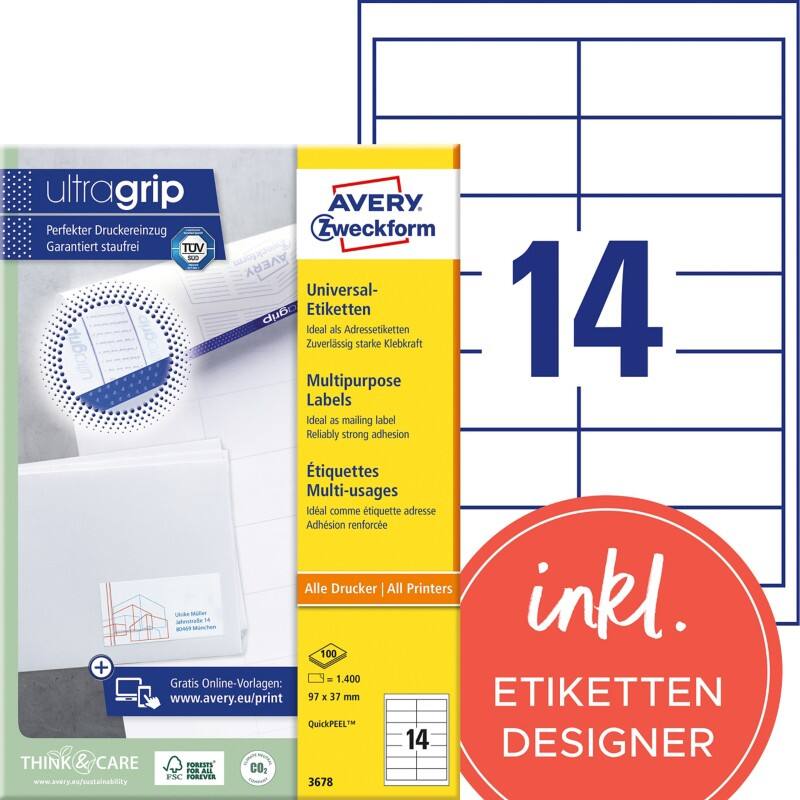 Avery UltraGrip Multifunctionele etiketten 3678 Klevend A4 Wit 97 x 37 mm 100 Vellen à 14 Etiketten