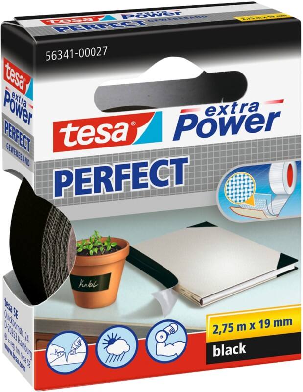 tesa Textieltape extra Power Perfect Zwart 19 mm (B) x 2,75 m (L) Celwolweefsel