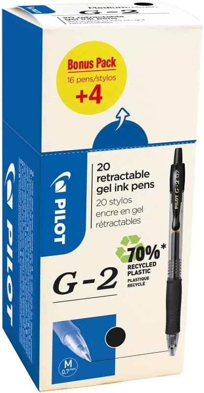 Pilot G2 Intrekbaar Rollerballpen Zwart 0,4 mm Medium Kegelvormig Navulbaar 70% Gerecycled 20 Stuks