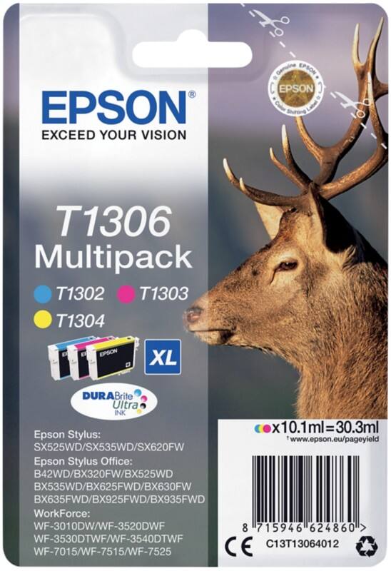 Epson T1306 Origineel Inktcartridge C13T13064012 Cyaan, geel en magenta Multipack 3 Stuks