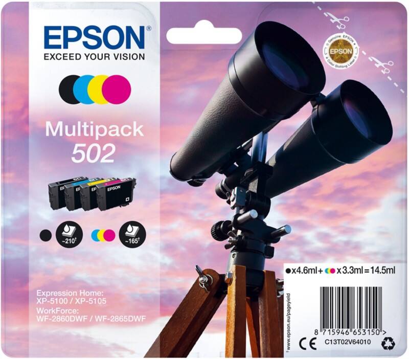 Epson 502 Origineel Inktcartridge C13T02V64010 Zwart, cyaan, magenta, geel Multipack 4 Stuks